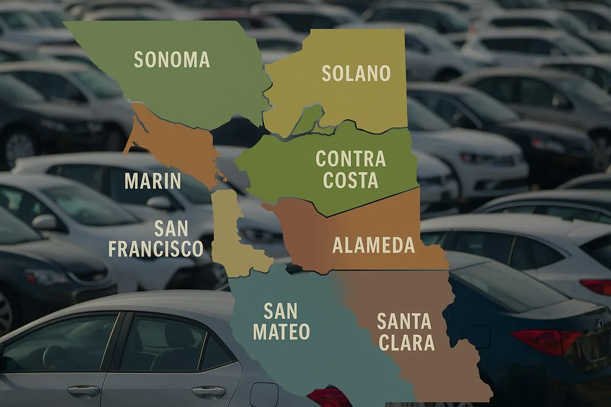 Map showing all 9 Bay Area counties served by NorCal VIN Check: Alameda, Contra Costa, Marin, Napa, San Francisco, San Mateo, Santa Clara, Solano, and Sonoma